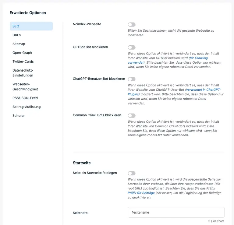Eine Übersicht über die SEO-Einstellungen von Publii. Screenshot der Software.(C) TidyCustoms. 