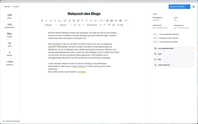 Screenshot des Publii-Editors. (c) TidyCustoms.