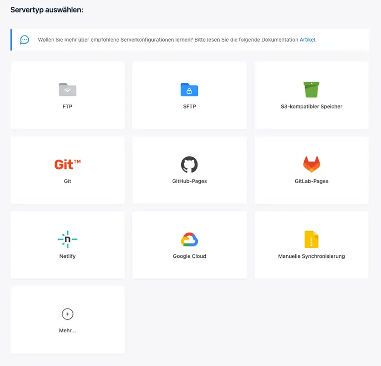 Serverauswahl bei Publii. Screenshot der Software (c) TidyCustoms.
