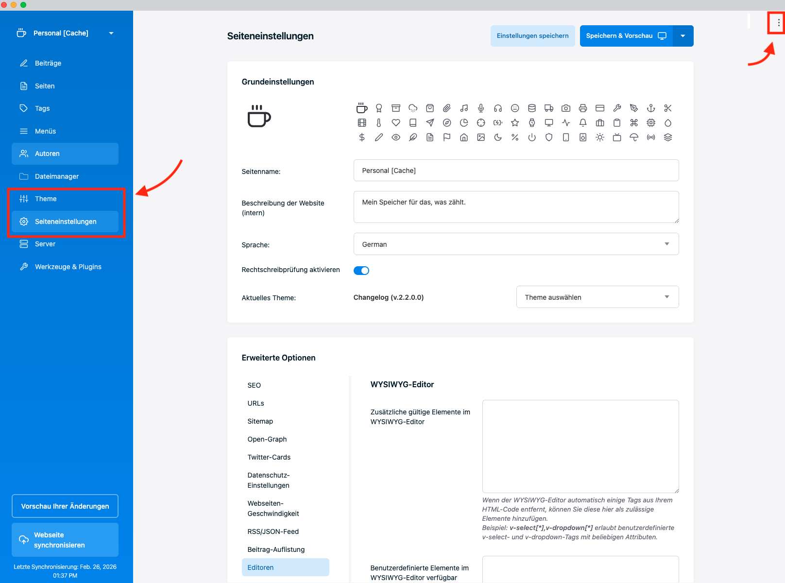 Publii-Oberfläche. Screenshot der Software Publii. (C) TidyCustoms.