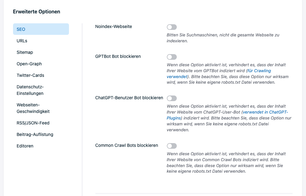Seiteneinstellungen. Screenshot der Software Publii. (C) TidyCustoms.