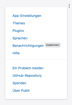 Menü für Softwareeinstellungen. Screenshot der Software Publii. (C)TidyCustoms.