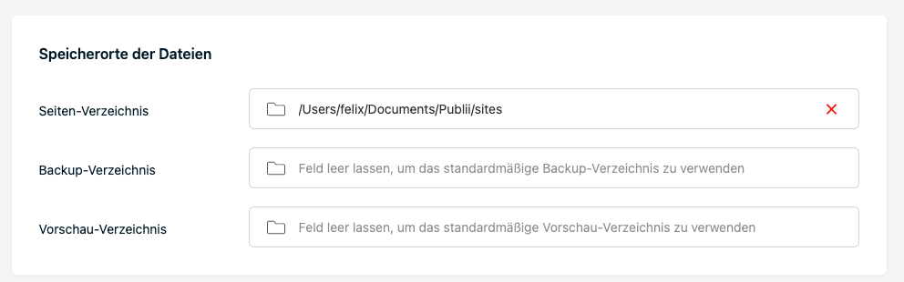 Speicherort der Webseite einstellen. Screenshot der Software Publii. (C) TidyCustoms.