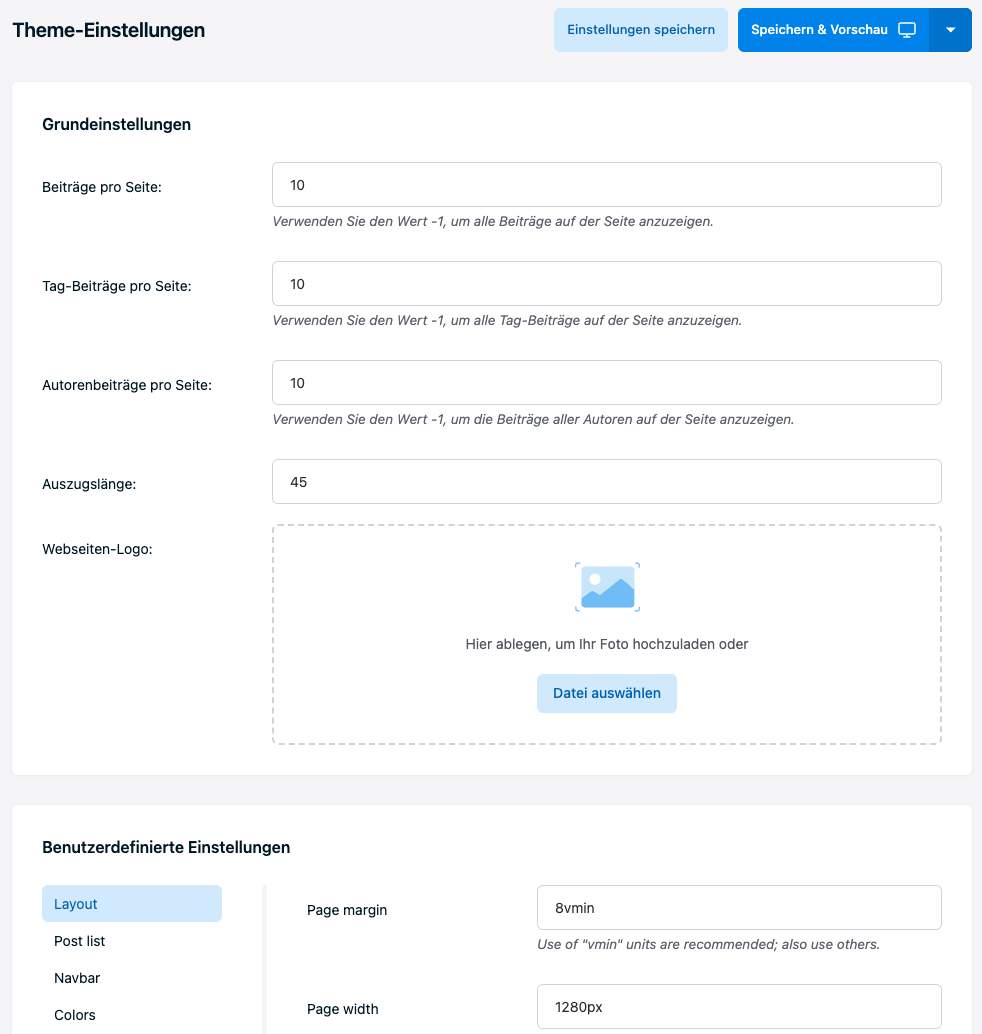 Publii Theme Grundeinstellungen