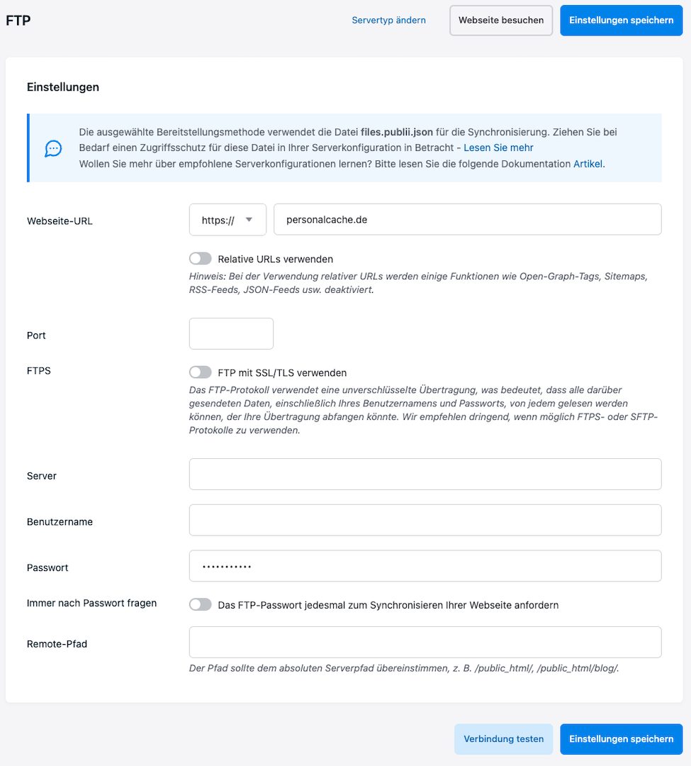 FTP-Einrichtungsoptionen